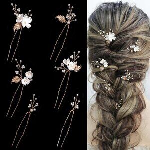 Handmade Pearl Bridal Wedding Hair Pins 6Pcs White Flower Gold Leaf Pearls Clips